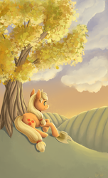 Size: 600x987 | Tagged: safe, artist:thiefofcookies, applejack, g4, female, prone, solo, sunset, tree