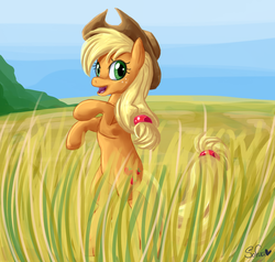 Size: 1350x1283 | Tagged: safe, artist:sofua, applejack, g4, female, field, looking at you, rearing, solo, standing, wheat