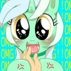 Size: 2000x2000 | Tagged: safe, artist:kiriya, lyra heartstrings, human, pony, unicorn, g4, blushing, cross-popping veins, cute, eyes on the prize, female, fetish, hand, hand fetish, happy, high res, hoof hold, mare, offscreen character, omg, open mouth, pixiv, pov, smiling, solo focus, starry eyes, that pony sure does love hands, vein, wingding eyes