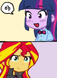 Size: 255x346 | Tagged: safe, artist:baekgup, sunset shimmer, twilight sparkle, equestria girls, g4, my little pony equestria girls: rainbow rocks, comic, cute, dialogue, duo, korean, speech bubble, translated in the comments, twilight sparkle (alicorn)