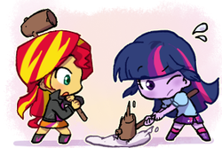 Size: 300x200 | Tagged: safe, artist:baekgup, sunset shimmer, twilight sparkle, equestria girls, g4, my little pony equestria girls: rainbow rocks, chibi, duo, food, hammer, mochi, rice cake, twilight sparkle (alicorn)