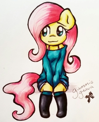 Size: 1369x1689 | Tagged: safe, artist:gummigator, fluttershy, anthro, g4, chibi, clothes, sweater, sweatershy