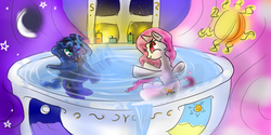 Size: 1366x685 | Tagged: safe, artist:llamacreator, princess celestia, princess luna, g4, bathing, cewestia, filly, splashing, woona