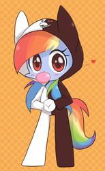 Size: 800x1300 | Tagged: dead source, safe, artist:joycall6, rainbow dash, anthro, g4, ambiguous facial structure, bubblegum, clothes, cosplay, costume, cute, danganronpa, female, monokuma, solo