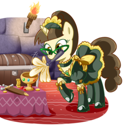 Size: 1000x1000 | Tagged: safe, artist:madmax, oc, oc only, oc:madmax, pony, unicorn, bowtie, chest, cleaning, clothes, coin, cute, dress, duster, dusting, glasses, grail, maid, mouth hold, solo, stockings, sword, torch, treasure, treasure chest, weapon
