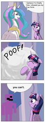 Size: 1737x4737 | Tagged: safe, artist:otakuap edit, princess celestia, twilight sparkle, alicorn, pony, g4, celestia's true form, character to character, comic, dialogue, female, five nights at freddy's, mare, meme, poof, purple man (fnaf), speech bubble, transformation, true form, twilight sparkle (alicorn)