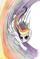 Size: 966x1400 | Tagged: safe, artist:tsukiko-chan, rainbow dash, g4, female, solo, sonic rainboom, traditional art