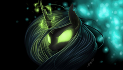 Size: 1944x1111 | Tagged: safe, artist:zigword, queen chrysalis, changeling, changeling queen, g4, angry, female, glowing eyes, magic, solo, wallpaper