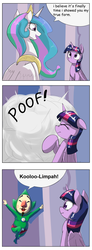 Size: 1737x4737 | Tagged: safe, artist:otakuap edit, princess celestia, twilight sparkle, alicorn, pony, g4, celestia's true form, character to character, comic, dialogue, female, mare, meme, poof, speech bubble, the legend of zelda, tingle, transformation, true form, twilight sparkle (alicorn)