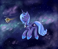 Size: 876x737 | Tagged: safe, artist:silviawinter, princess luna, g4, crossover, female, portal, portal (valve), portal 2, s1 luna, solo, space, space core