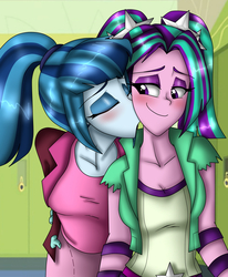 Size: 1337x1625 | Tagged: safe, artist:namyg, aria blaze, sonata dusk, equestria girls, g4, blushing, cheek kiss, duo, eyes closed, female, kissing, lesbian, ship:arisona, shipping, smiling, when she smiles