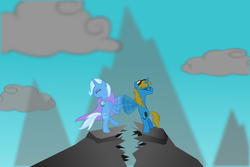 Size: 3000x2000 | Tagged: safe, artist:kalleflaxx, trixie, oc, pony, unicorn, g4, female, fight, glasses, goggles, high res, male, mare, mountain, sissy slap fight