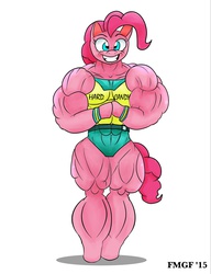 Size: 1697x2211 | Tagged: safe, artist:furrymusclegrowthfan, pinkie pie, earth pony, anthro, unguligrade anthro, g4, arm hooves, female, flexing, grin, huge, looking at you, musclebeast, muscles, my muscle pony, overdeveloped muscles, pinkie pump, simple background, smiling, solo, white background, workout outfit