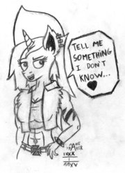 Size: 758x1054 | Tagged: safe, artist:mane-shaker, oc, oc only, oc:shakie, anthro, abs, belly button, belly piercing, bellyring, ear fluff, female, monochrome, piercing, rule 63, solo, traditional art