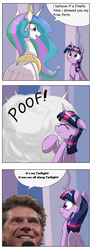 Size: 1024x2793 | Tagged: safe, artist:otakuap edit, princess celestia, twilight sparkle, alicorn, human, pony, g4, celestia's true form, comic, dialogue, female, irl, irl human, it's me austin, mare, meme, photo, poof, speech bubble, transformation, true form, twilight sparkle (alicorn), vince mcmahon, wwe