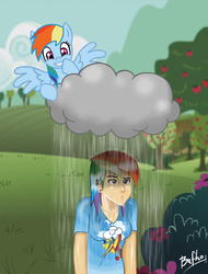 Size: 905x1190 | Tagged: safe, artist:bafho, rainbow dash, human, g4, duo, human ponidox, humanized, prank, rain