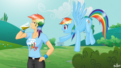 Size: 1675x941 | Tagged: safe, artist:bafho, rainbow dash, human, g4, cider, drinking, duo, human ponidox, humanized