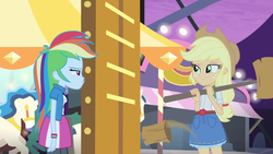 Size: 1280x720 | Tagged: safe, screencap, applejack, rainbow dash, equestria girls, g4, my little pony equestria girls: rainbow rocks, perfect day for fun, applejack's skirt, clothes, female, high striker, skirt, smirk