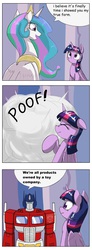 Size: 1501x4096 | Tagged: safe, artist:otakuap edit, princess celestia, twilight sparkle, alicorn, pony, g4, celestia's true form, character to character, comic, dialogue, female, fourth wall, hasbro, mare, optimus prime, poof, speech bubble, transformation, transformers, twilight sparkle (alicorn)