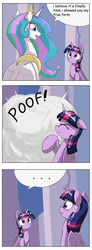 Size: 1737x4737 | Tagged: safe, artist:otakuap edit, princess celestia, twilight sparkle, alicorn, pony, g4, ..., celestia's true form, character to character, clone, comic, comic sans, dialogue, female, mare, meme, pony to pony, poof, self ponidox, speech bubble, transformation, true form, twilight sparkle (alicorn), twinning