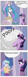 Size: 1501x4096 | Tagged: safe, artist:otakuap edit, princess celestia, principal celestia, twilight sparkle, alicorn, pony, equestria girls, g4, celestia's true form, dialogue, female, mare, pony to human, poof, speech bubble, transformation, twilight sparkle (alicorn)