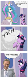 Size: 1024x2793 | Tagged: safe, artist:otakuap, artist:otakuap edit, edit, princess celestia, twilight sparkle, alicorn, pony, g4, british, bruce forsyth, celestia's true form, comic, dialogue, female, game show, host, mare, poof, speech bubble, television, transformation, twilight sparkle (alicorn)