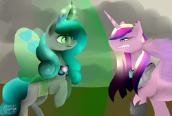 Size: 888x599 | Tagged: safe, artist:mimbyarts, princess cadance, queen chrysalis, alicorn, changeling, changeling queen, pony, g4, barrier, duo, evil cadance, female, glare, gritted teeth, magic, mirror universe, raised hoof, rearing, reversalis
