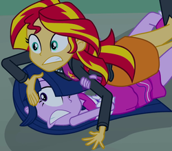 Size: 1044x917 | Tagged: safe, screencap, sunset shimmer, twilight sparkle, equestria girls, g4, my little pony equestria girls, fight, on back, out of context