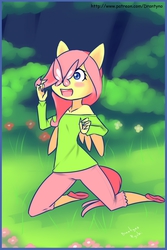 Size: 1200x1800 | Tagged: safe, artist:drantyno, fluttershy, butterfly, anthro, g4, ambiguous facial structure, blushing, butterfly on nose, clothes, cute, female, flattershy, flower, happy, insect on nose, kneeling, open mouth, solo, younger