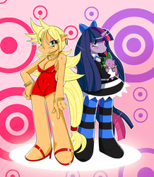 Size: 1605x1837 | Tagged: safe, artist:ss2sonic, applejack, spike, twilight sparkle, dragon, earth pony, unicorn, anthro, g4, anarchy panty, anarchy stocking, belly button, blonde mane, blonde tail, blue mane, blue tail, bracelet, breasts, busty applejack, cleavage, clothes, cosplay, costume, dress, earring, eyelashes, eyeshadow, female, freckles, goth, high heels, honekoneko, horn, long mane, long tail, multicolored mane, multicolored tail, panty and stocking with garterbelt, pantyjack, pink mane, pink tail, purple mane, purple tail, ribbon, shoes, skintight clothes, stockinglight, stockings, tail, unicorn twilight