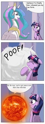 Size: 375x1024 | Tagged: safe, artist:otakuap edit, princess celestia, twilight sparkle, alicorn, pony, g4, cancer, catasterism, celestia's true form, comic, comic sans, dialogue, exploitable meme, female, mare, meme, poof, pun, scrunchy face, speech bubble, sun, template, the sun, transformation, true form, twilight sparkle (alicorn)