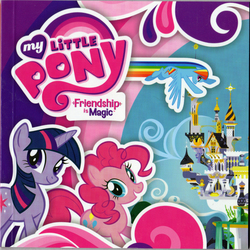 Size: 600x600 | Tagged: safe, photographer:breyer600, pinkie pie, rainbow dash, twilight sparkle, earth pony, pegasus, pony, unicorn, g4, book, book cover, canterlot, castle, cloud, cover, flying, irl, logo, merchandise, my little pony logo, my little pony: friendship is magic logo, photo, rainbow trail, stock vector