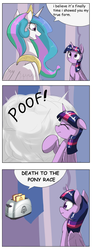 Size: 1467x4000 | Tagged: safe, artist:otakuap edit, princess celestia, twilight sparkle, alicorn, pony, g4, battlestar galactica, celestia's true form, comic, comic sans, crossover, cylon, dialogue, exploitable meme, female, mare, meme, poof, pun, scrunchy face, speech bubble, toaster, transformation, true form, twilight sparkle (alicorn), visual pun