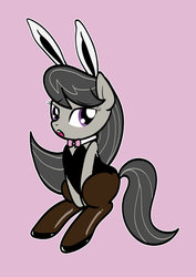 Size: 1024x1448 | Tagged: safe, artist:osakachii, octavia melody, earth pony, pony, g4, bunny suit, clothes, female, playboy bunny, simple background, sitting, solo