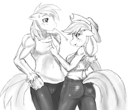 Size: 1959x1691 | Tagged: safe, artist:ss2sonic, applejack, big macintosh, earth pony, anthro, g4, artifact, ass, butt, clothes, female, jeans, male, monochrome, scolding, sketch, sweat, tank top, wedgie