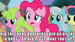 Size: 610x343 | Tagged: safe, edit, edited screencap, screencap, pinkie pie, g4, confused, image macro, jonas brothers, meme, nickname, question