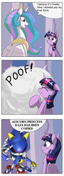 Size: 375x1024 | Tagged: safe, artist:otakuap edit, princess celestia, twilight sparkle, alicorn, pony, g4, celestia's true form, character to character, comic, crossover, dialogue, exploitable meme, female, male, mare, meme, metal sonic, poof, sonic heroes, sonic the hedgehog, sonic the hedgehog (series), speech bubble, transformation, twilight sparkle (alicorn)