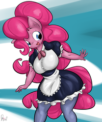 Size: 1166x1400 | Tagged: safe, artist:sanders, pinkie pie, earth pony, anthro, g4, clothes, cute, diapinkes, ear fluff, female, fetish fridays, maid, open mouth, solo