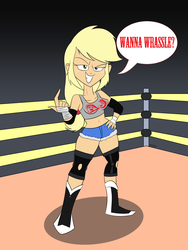 Size: 1800x2400 | Tagged: safe, artist:mofetafrombrooklyn, applejack, equestria girls, g4, belly button, blonde, clothes, daisy dukes, female, hatless, humanized, midriff, missing accessory, smiling, smirk, solo, tank top, wrestling, wrestling ring