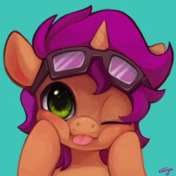 Size: 534x534 | Tagged: safe, artist:ciciya, oc, oc only, pony, unicorn, :p, cute, goggles, looking at you, solo, squishy cheeks, tongue out, wink