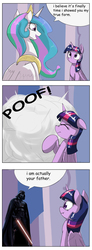 Size: 1737x4737 | Tagged: safe, artist:otakuap edit, princess celestia, twilight sparkle, alicorn, human, pony, g4, celestia's true form, character to character, comic, comic sans, darth vader, dialogue, exploitable meme, female, lightsaber, mare, meme, poof, speech bubble, star wars, transformation, true form, twilight sparkle (alicorn)