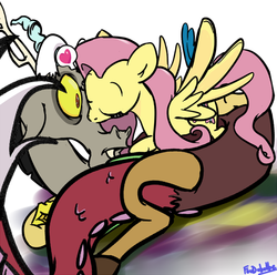 Size: 600x594 | Tagged: safe, artist:foudubulbe, discord, fluttershy, g4, eyes closed, female, heart, kissing, male, ship:discoshy, shipping, straight, wide eyes