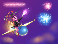 Size: 4000x3000 | Tagged: safe, artist:crazypon3, pinkie pie, earth pony, anthro, g4, balloon, confetti, female, fireworks, happy new year, hat, party cannon, solo, streamers, top hat
