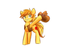 Size: 1280x960 | Tagged: safe, artist:sugarberry, braeburn, g4, blushing, looking at you, male, raised hoof, smiling, solo