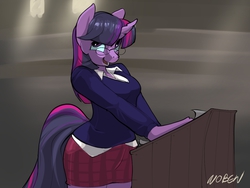 Size: 1200x900 | Tagged: safe, artist:noben, twilight sparkle, unicorn, anthro, g4, adorkable, bedroom eyes, clothes, cute, dork, female, glasses, open mouth, schoolgirl, skirt, solo