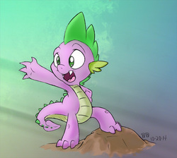 Size: 600x537 | Tagged: safe, artist:dfectivedvice, artist:firebird145, spike, dragon, g4, colored, fangs, male, open mouth, outstretched arm, solo, waving