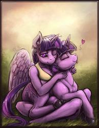 Size: 1351x1743 | Tagged: safe, artist:bantha, twilight sparkle, alicorn, pony, anthro, plantigrade anthro, g4, :p, anthro ponidox, anthro with ponies, barefoot, chin scratch, colored, cuddling, cute, duality, duo, eyes closed, feet, female, heart, hug, mare, one eye closed, prone, scratching, self ponidox, sitting, smiling, snuggling, tongue out, twiabetes, twilight sparkle (alicorn), wink
