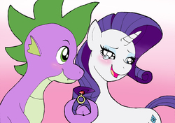 Size: 2014x1414 | Tagged: safe, artist:bico-kun, rarity, spike, g4, blushing, crying, debate in the comments, engagement ring, female, fire ruby, male, marriage proposal, mixed media, older, ship:sparity, shipping, straight, tears of joy