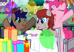 Size: 3000x2125 | Tagged: safe, artist:denotionsoul, pinkie pie, oc, g4, balloon, birthday, birthday cake, blowing, bottle, cake, candle, canterlot, confetti, eyes closed, happy, hat, high res, open mouth, party, party hat, present, smiling, streamers, wine glass