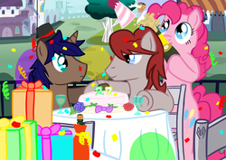 Size: 3000x2125 | Tagged: safe, artist:denotionsoul, pinkie pie, oc, g4, alcohol, balloon, bedroom eyes, birthday, birthday cake, bottle, cake, candle, canterlot, champagne, confetti, hat, high res, hoof hold, party, party hat, present, smiling, streamers, wine, wine glass